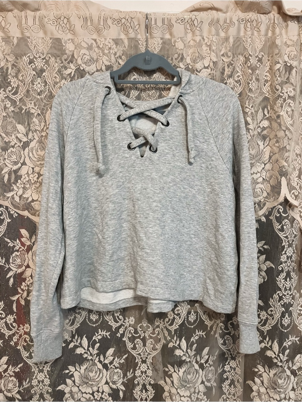 aerie Gray Lace-Up Pullover Sweatshirt